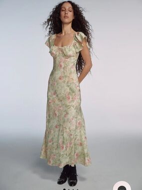 Selkie Sage Green Maxi Dress with Pink Rose Print